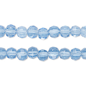 Bead, glass, translucent denim blue, 6x5mm-7x6mm checkerboard-faceted rondelle. Sold per pkg of (2) 12-inch strands, approximately 110 beads.