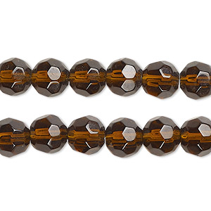Bead, glass, transparent dark honey, 8-9mm faceted round. Sold per pkg of (2) 12-inch strands, approximately 85 beads.
