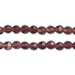 Bead, glass, translucent dark plum, 5mm faceted round. Sold per pkg of (2) 12-inch strand, approximately 160 beads.