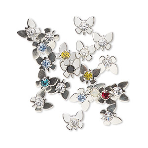 Component, Vintage Crystal&#153;, crystal and imitation rhodium-finished brass, mixed colors, 6mm undrilled butterfly. Sold per pkg of 20.