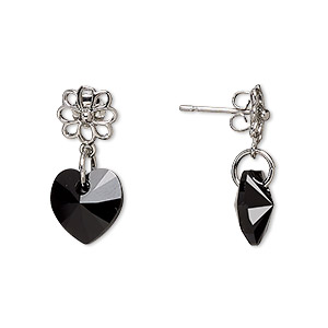 Earstud, Everyday Jewelry&#153;, Crystal Passions&reg; and silver-plated &quot;pewter&quot;, jet, 21mm with flower and heart. Sold per pair.