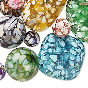 Bead, mother-of-pearl shell and resin (assembled), mixed colors, 8-40mm mixed shapes, Mohs hardness 3-1/2. Sold per 12-ounce pkg, approximately 55 beads.