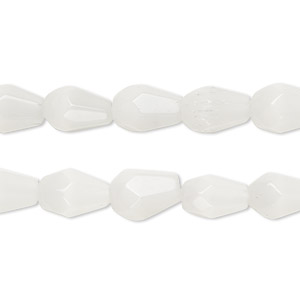 Bead, glass, translucent white, 10x6mm-11x7mm faceted teardrop. Sold per pkg of (2) 13-inch strands, approximately 60 beads.