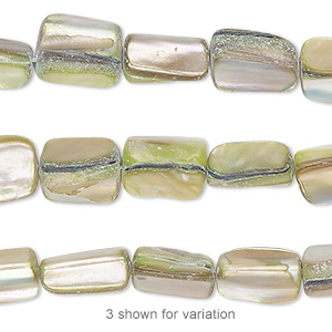 Bead, mother-of-pearl shell (dyed), yellow-green, medium to large chip and 10x7mm-11x8mm stick, Mohs hardness 3-1/2. Sold per pkg of (3) 15-inch strands.