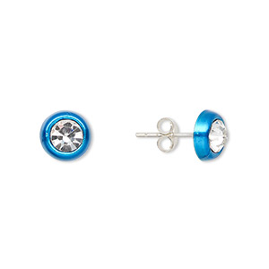 Earstud, Create Compliments&reg;, enamel and sterling silver, blue, 8mm round. Sold per pair.