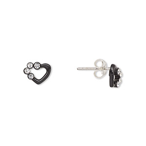 Earstud, Create Compliments&reg;, sterling silver and crystal, black and clear, 8.5x6mm open heart. Sold per pair.