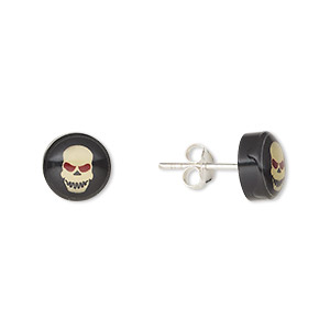 Earstud, Everyday Jewelry, sterling silver and acrylic, black / red / light yellow, 9mm round with skull. Sold per pair.