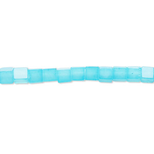 Bead, quartz (dyed), aqua blue, 4mm cube, C grade, Mohs hardness 7. Sold per 15-inch strand, approximately 100 beads.