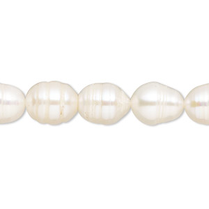 Pearl, cultured freshwater (bleached), white, 9x8mm-14x13mm rice, D grade, Mohs hardness 2-1/2 to 4. Sold per 15-inch strand.