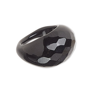 Ring, Everyday Jewelry, lampworked glass, opaque black, 15-6mm wide faceted, size 8. Sold individually.