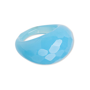 Ring, Everyday Jewelry, lampworked glass, opaque turquoise blue, 15-6mm wide faceted, size 8. Sold individually.