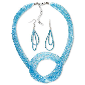 Necklace and earring set, Everyday Jewelry,  imitation rhodium-plated-steel and glass, blue, 16-inches with 2-inch extender chain, 3-inch earrings with fishhook ear wires, 19 gauge. Sold per set.