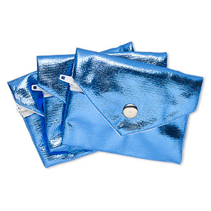 Pouch, metallic nylon, blue, 3x2-1/2-inches with snap and zipper. Sold per pkg of 3.
