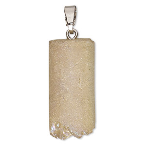 Pendant, druzy agate (natural) and silver-finished &quot;pewter&quot; (zinc-based alloy), 32x16mm irregular rectangle, Mohs hardness 6-1/2 to 7. Sold individually.