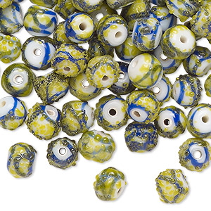 Bead, coated glass, opaque cobalt blue / lime / white, 6mm textured ...