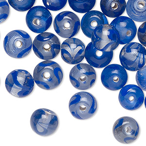 Bead, glass, translucent clear and blue, 8mm round with swirl design ...
