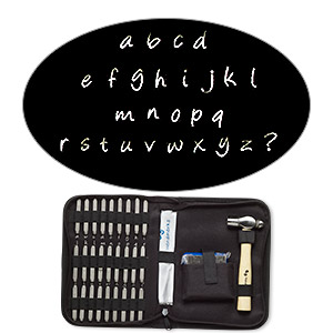 Stamp punch set, nylon / rubber / steel, black, alphabet letters A-Z /  numbers 0-9 / & symbol, includes ball peen hammer /shears / steel block.  Sold per 40-piece set. - Fire Mountain Gems and Beads