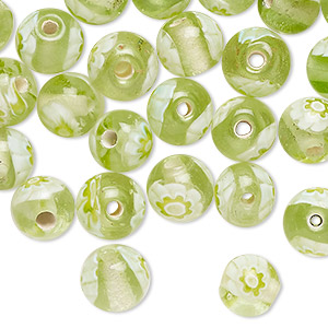 Bead, glass, translucent light green and white, 8x7mm-9x8mm round with ...