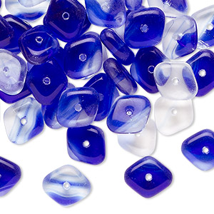 Bead, Czech pressed glass, translucent and transparent cobalt blue and clear, 10x9mm diamond rondelle. Sold per 1-ounce pkg, approximately 60 beads.