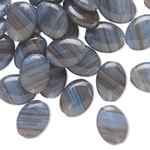 Bead, Czech pressed glass, translucent blue-grey, 12x9mm puffed oval with stripe design. Sold per 1-ounce pkg, approximately 40 beads.