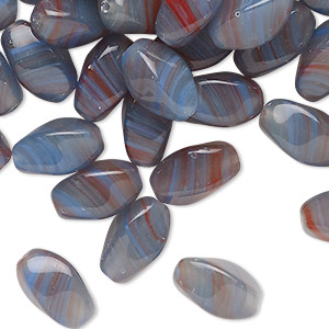 Bead, Czech pressed glass, translucent blue-grey / blue / red, 12x7mm-13x9mm twisted square tube with swirl design. Sold per 2-ounce pkg, approximately 60 beads.