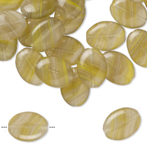 Bead, Czech pressed glass, translucent olive green and yellow, 12x9mm puffed oval with swirl design. Sold per 1-ounce pkg, approximately 40 beads.