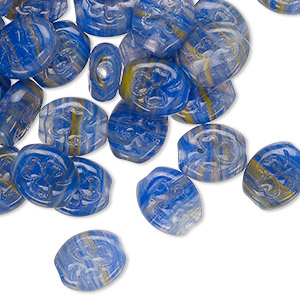 Bead, Czech pressed glass, translucent blue-grey / blue / yellow, 10x9mm puffed oval with shamrock and swirl design. Sold per 2-ounce pkg, approximately 45 beads.