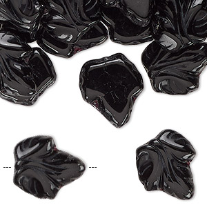 Bead, Czech pressed glass, opaque black, 16x14mm textured leaf. Sold per 2-ounce pkg, approximately 45 beads.