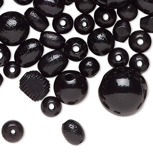 Bead mix, wood (dyed/waxed), black, 6-15mm round. Sold per 2-ounce pkg, approximately 484 beads.