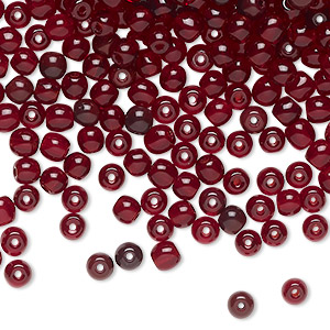 Seed bead, glass, opaque dark red, #6 round. Sold per 2-ounce pkg.