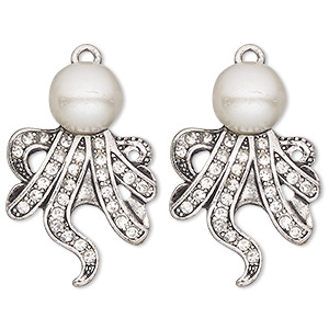 Focal, antique silver-finished &quot;pewter&quot; (zinc-based alloy) and glass, clear and white, 30x21mm single-sided acrylic pearl octopus. Sold per pkg of 2.