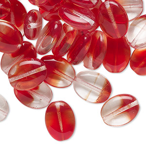 Bead, pressed glass, translucent red and clear, 12x9mm puffed oval. Sold per 2-ounce pkg, approximately 75 beads.