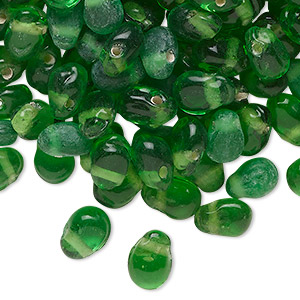 Bead, lampworked glass, translucent green, 8x6mm top-drilled puffed teardrop. Sold per 2-ounce pkg, approximately 170 beads.