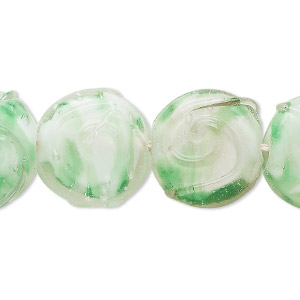 Bead, lampworked glass, translucent clear / green / white, 17x16mm flat round with swirl design. Sold per 8-inch strand, approximately 10 beads.