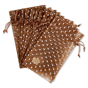 Pouch, flocked organza, copper and white, 10x6 inches with dots pattern and drawstring closure. Sold per pkg of 12.