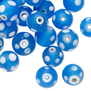 Bead, glass, translucent blue and white, 10mm round with dots. Sold per 2-ounce pkg, approximately 40 beads.