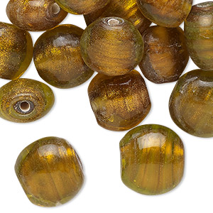 Bead, lampworked glass, translucent golden yellow with silver-colored foil, 13mm puffed flat round. Sold per 2-ounce pkg, approximately 25 beads.