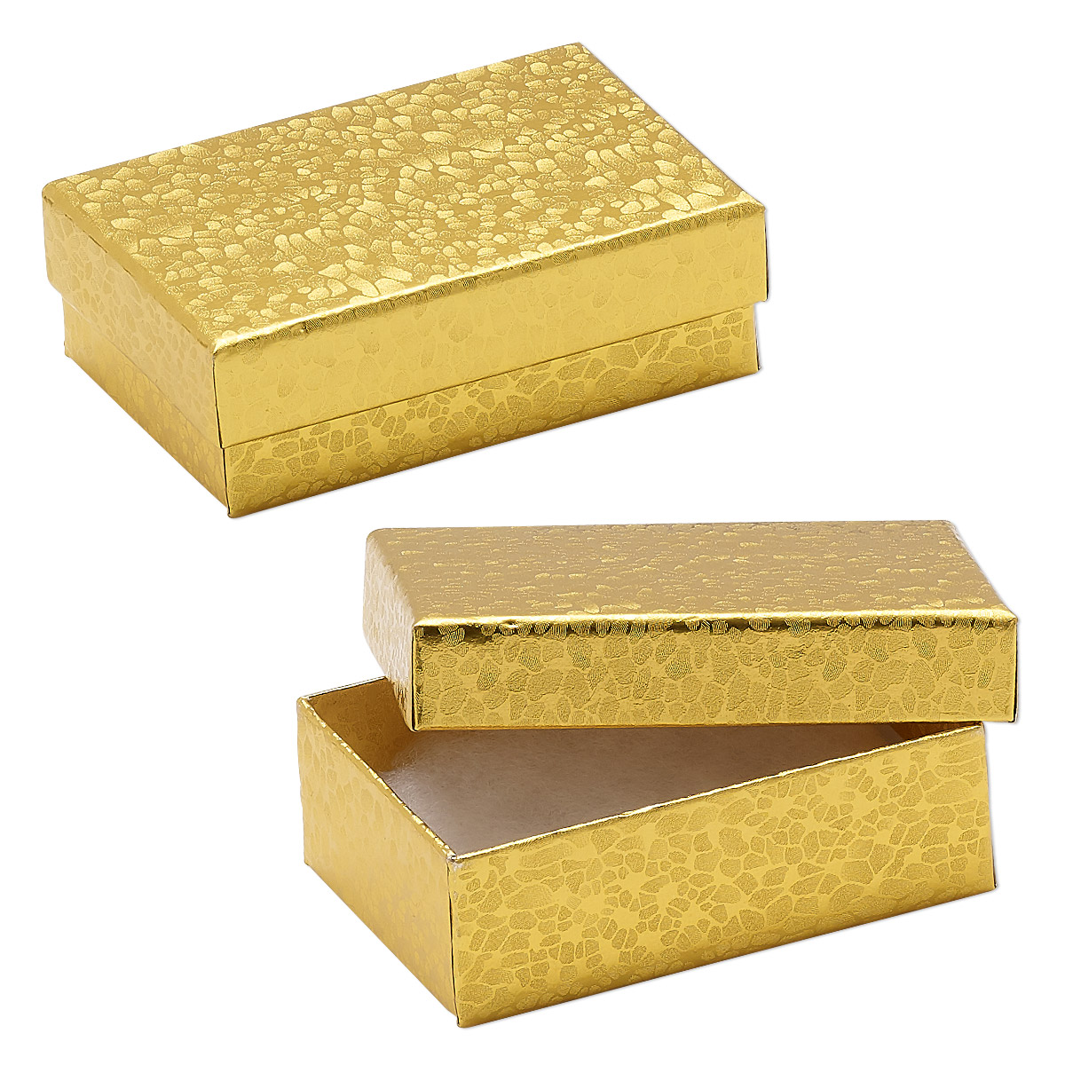 Box, paper, cotton-filled, gold, 3-1/4 x 2-1/4 x 1-inch rectangle. Sold ...