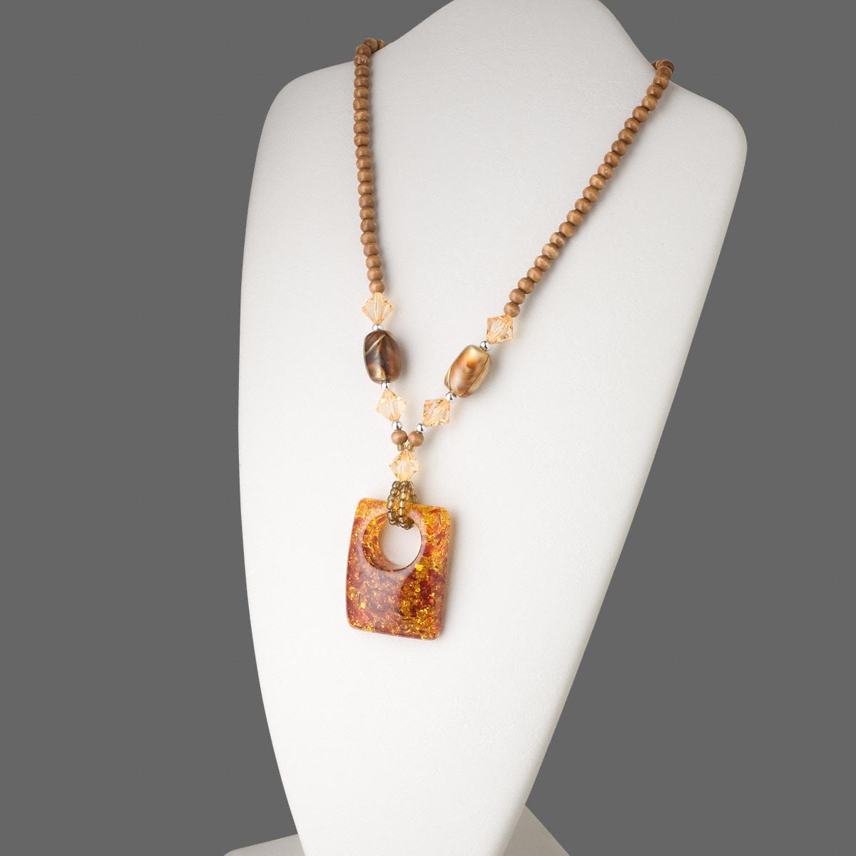 Necklace, wood and acrylic, amber yellow / brown / peach, 57x24mm ...