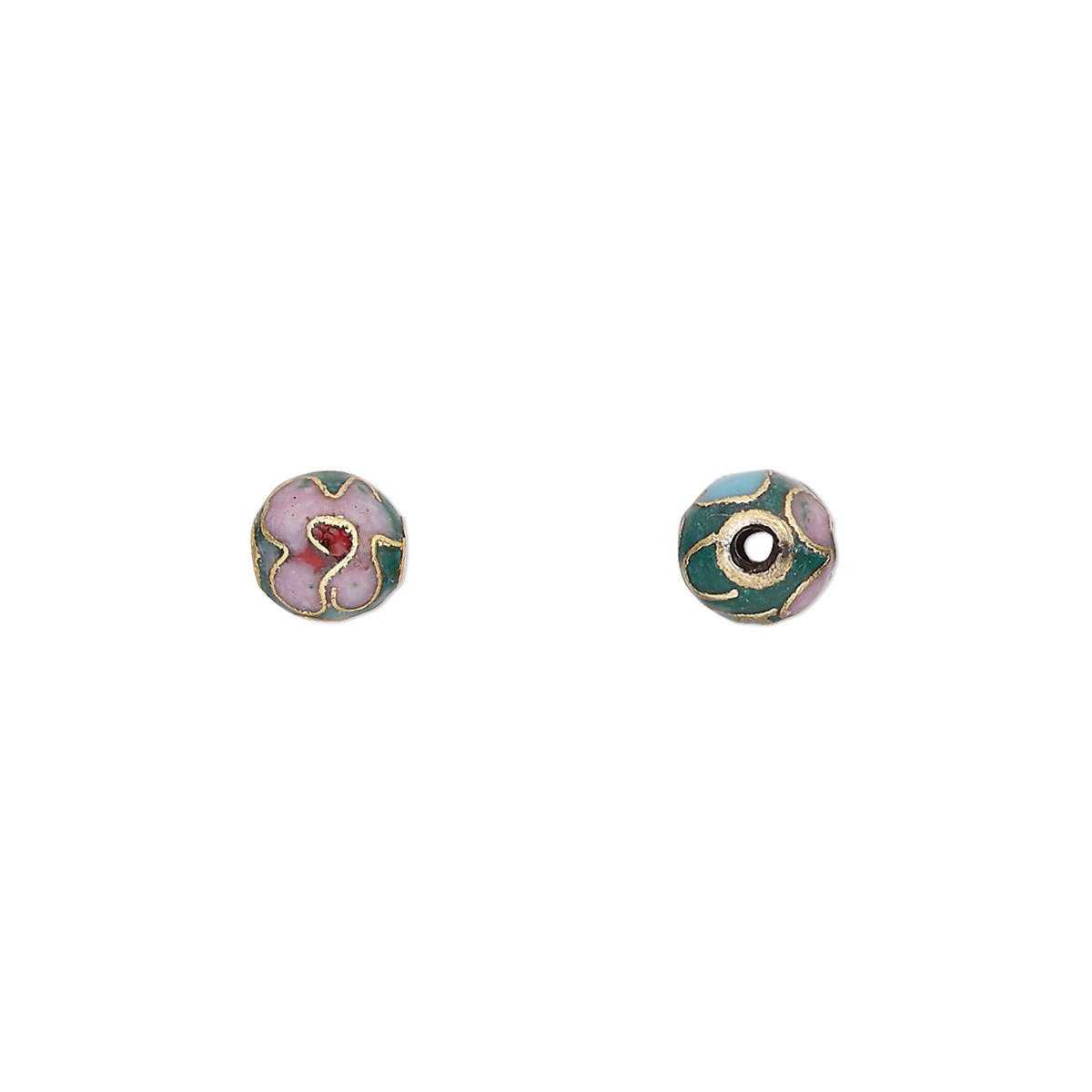 Bead, cloisonné, enamel and gold-finished copper, pink / red / green ...