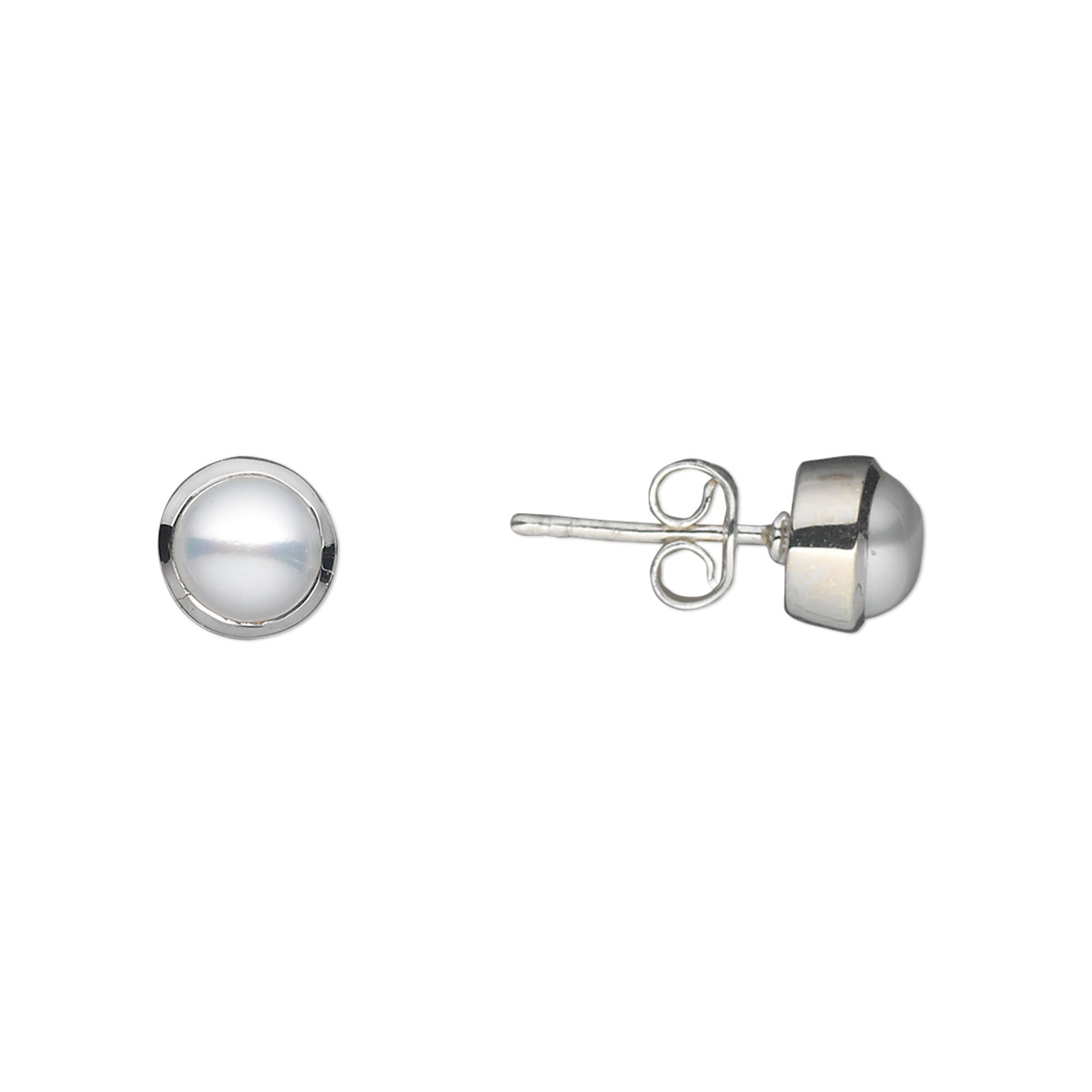 Earstud, cultured freshwater pearl (bleached) and sterling silver ...