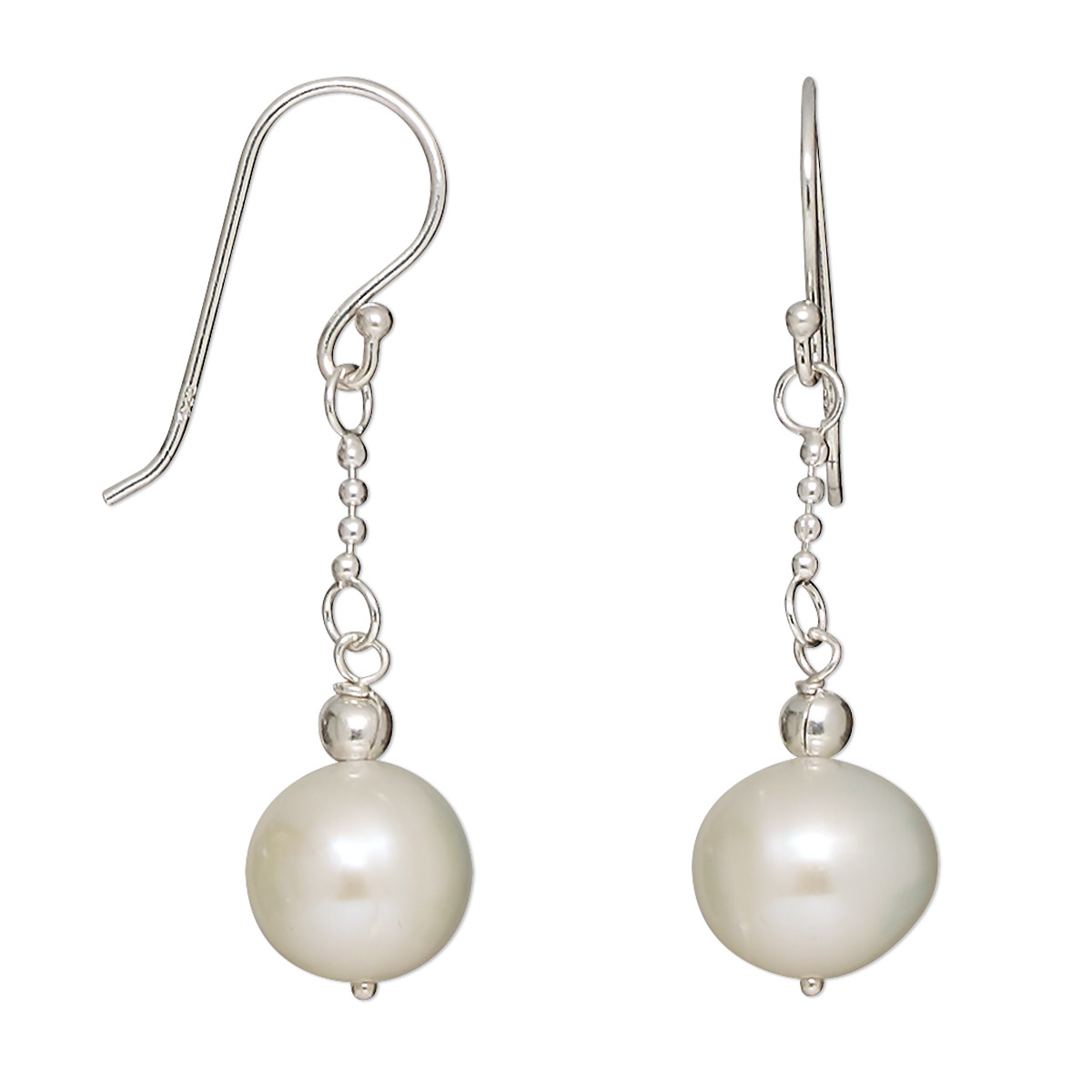 Earring, sterling silver and cultured freshwater pearl, white, 9mm ...