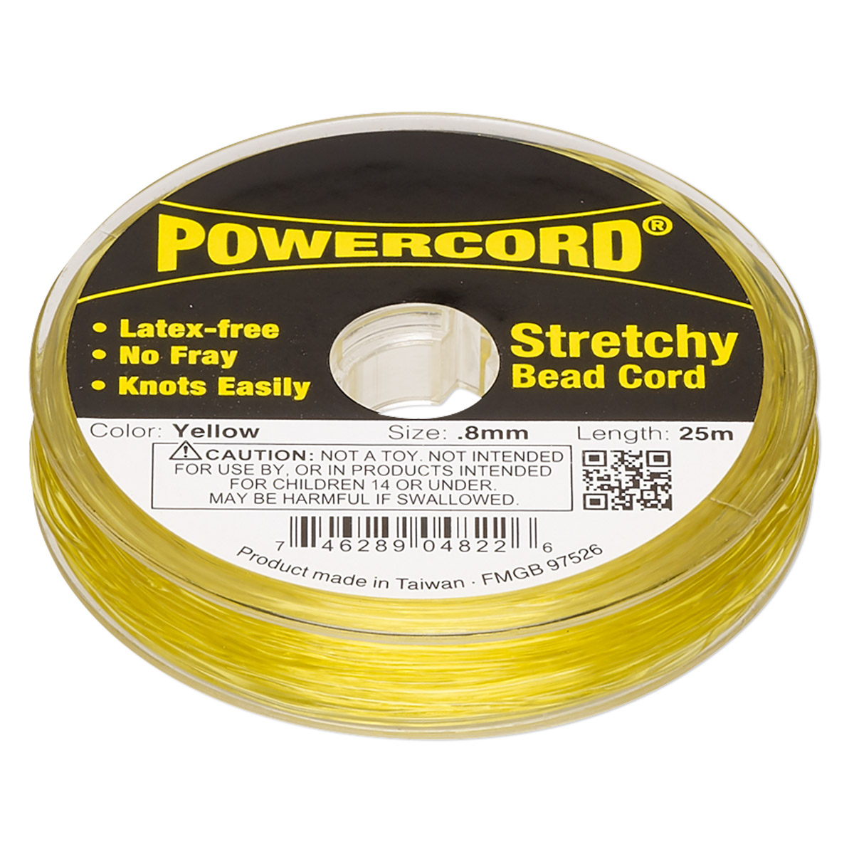 Cord, Powercord®, elastic, yellow, 0.8mm, 8.5-pound test. Sold per 25 ...