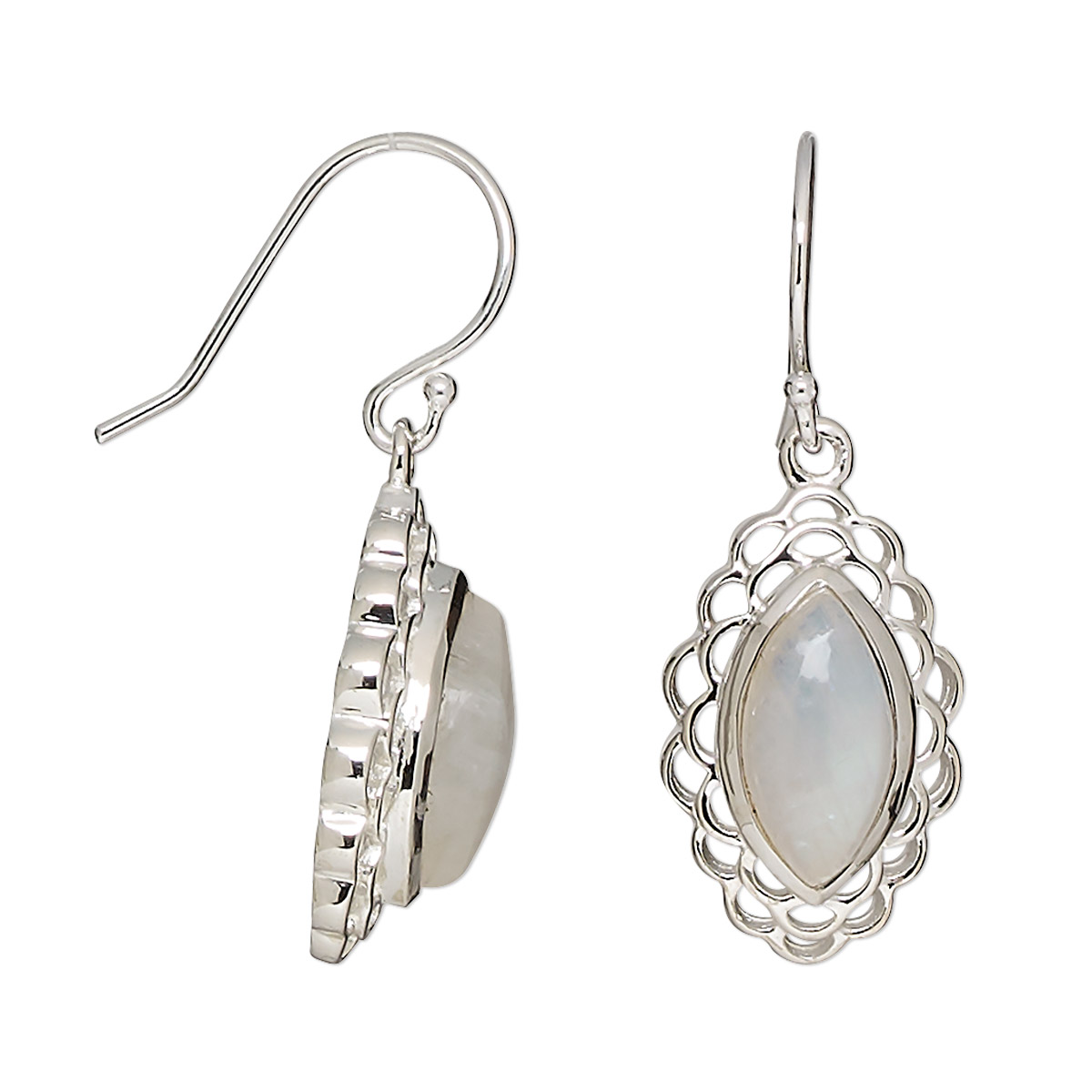 Earring, rainbow moonstone (natural) and sterling silver, 33mm with ...