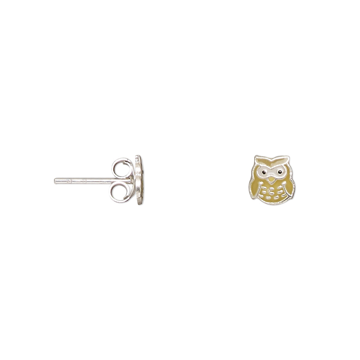 Earstud, enamel and sterling silver, multicolored, 6x5mm owl with post ...