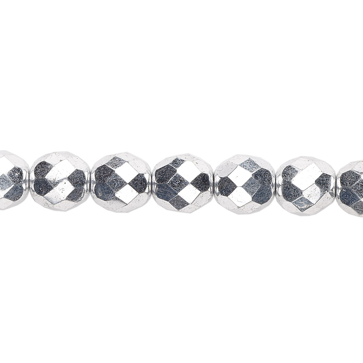 Bead, Czech fire-polished glass, metallic silver, 8mm faceted round ...
