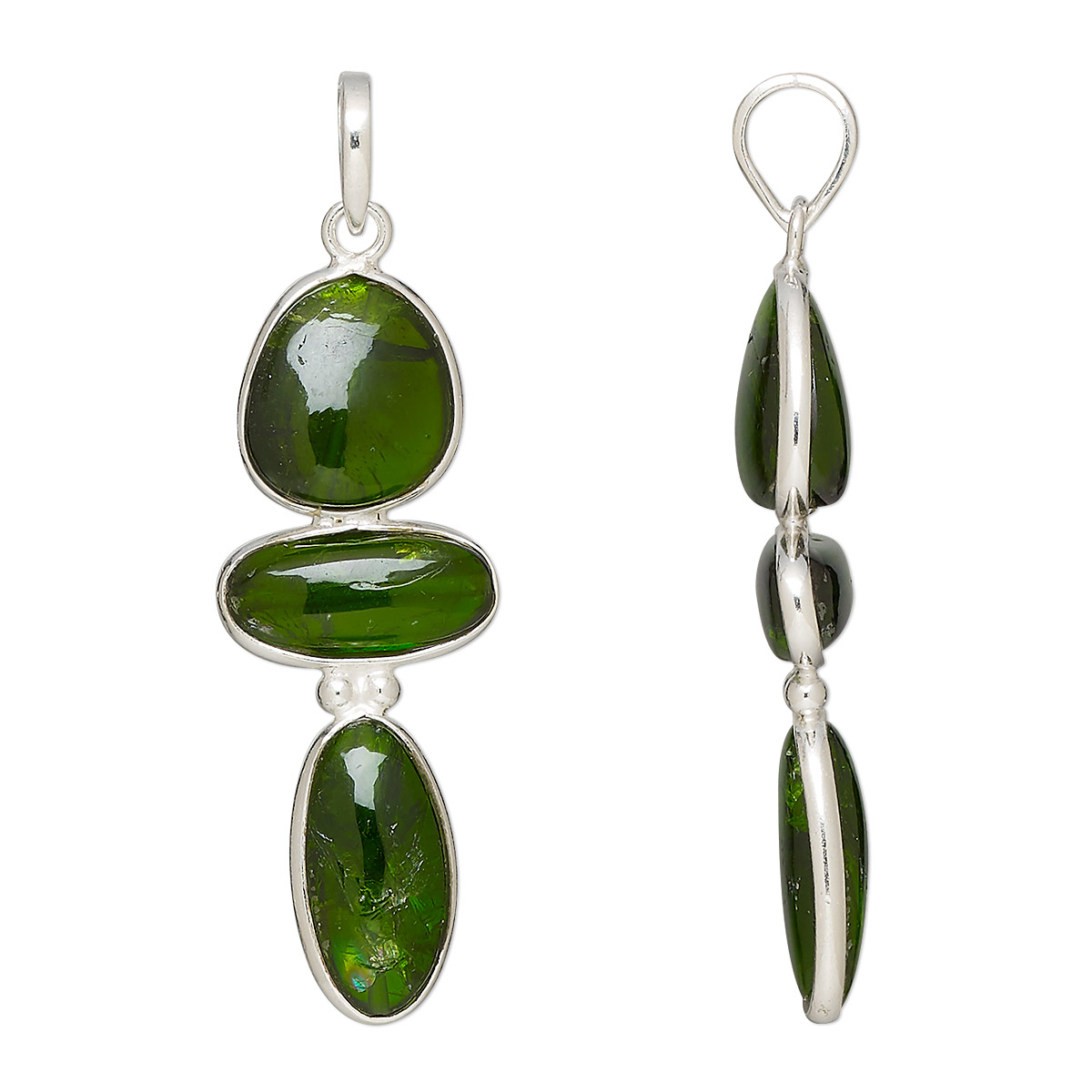 Pendant, chrome diopside (natural) and sterling silver, 39x13mm-44x17mm ...