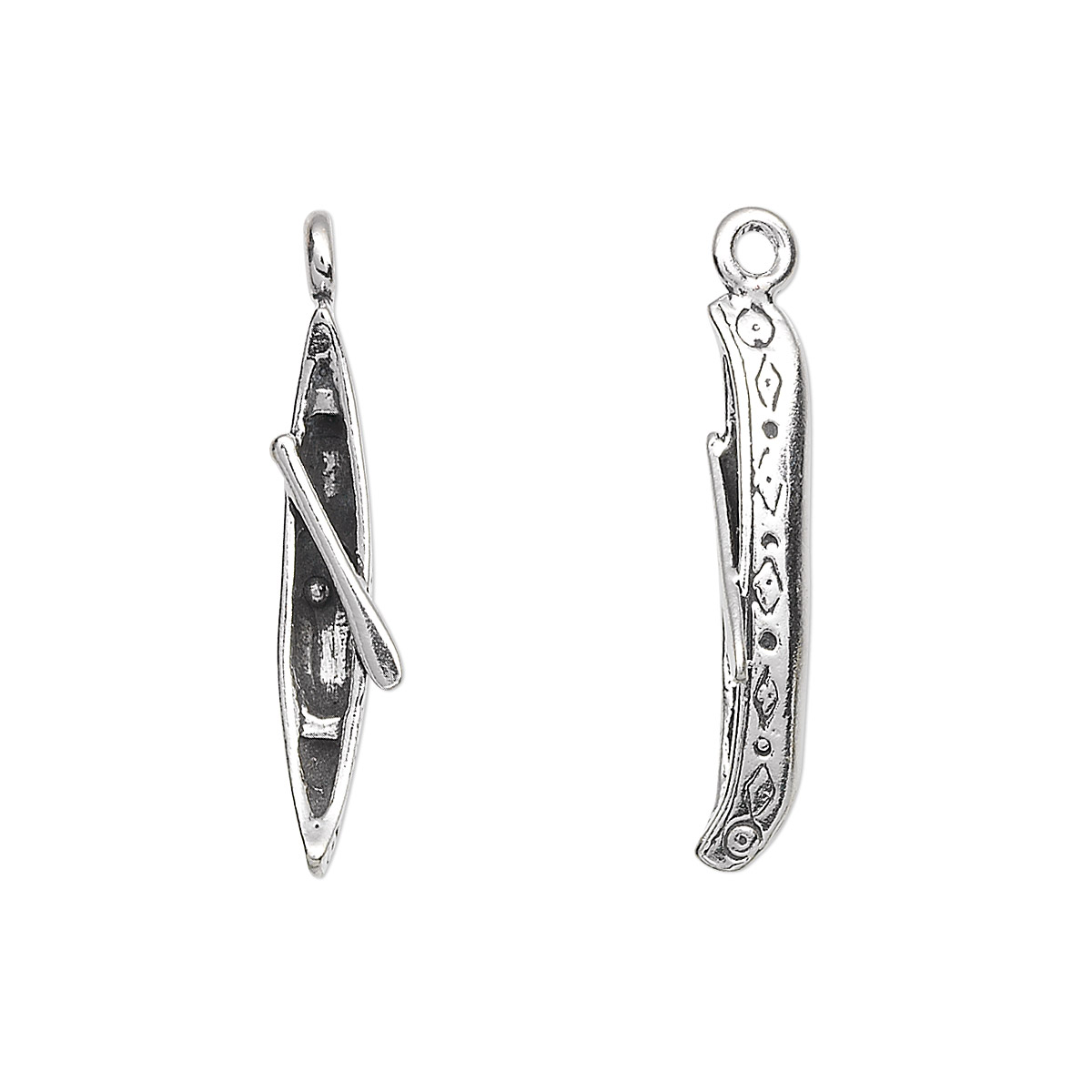 Charm, antiqued sterling silver, 22x6mm 3D canoe with paddle. Sold individually. - Fire Mountain ...