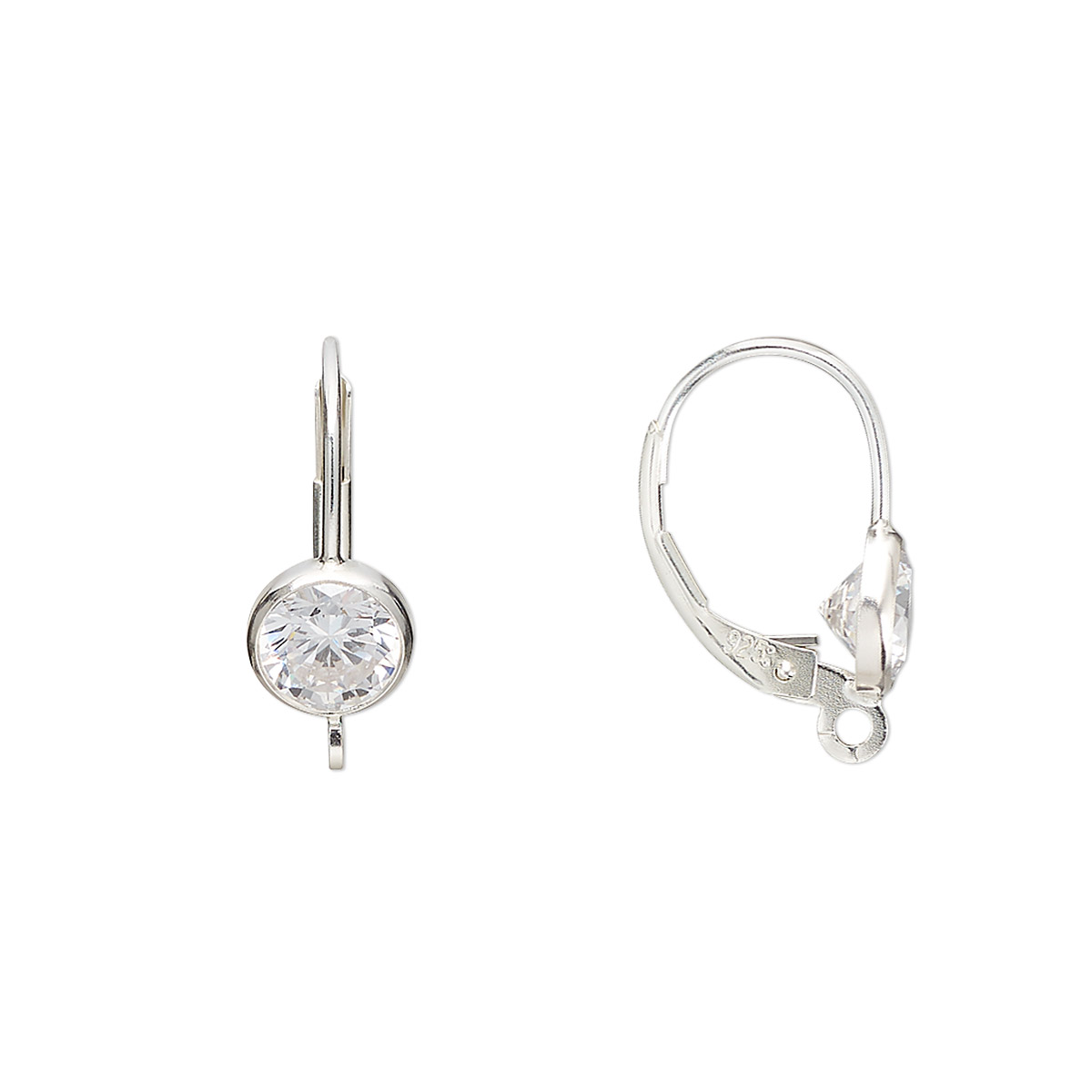 Ear wire, sterling silver and cubic zirconia, clear, 17mm leverback ...