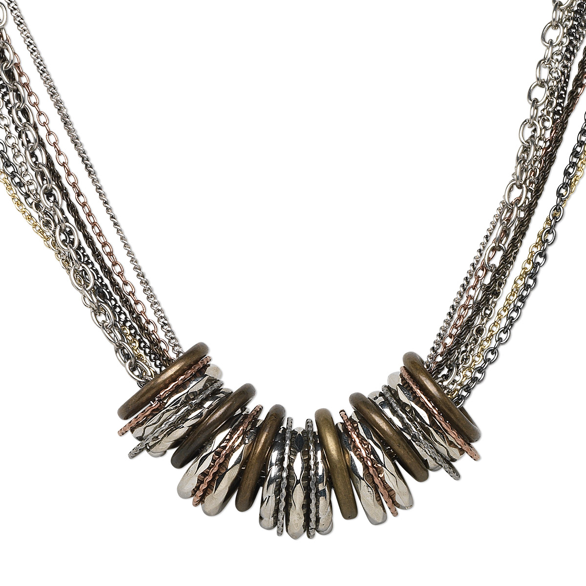 Necklace, multi-strand, gold-finished steel / gunmetal- / antique ...